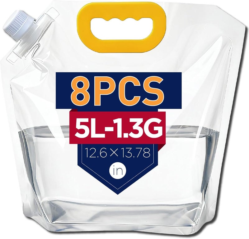 NexLevVac Collapsible Water Container Bag 8Pcs 1.3 Gallon, Freezable Plastic Foldable water Pouch Bag with Handles,Leak-Proof Plastic Storage Jug for Outdoor Sport Camping Emergency Survival - Image 1